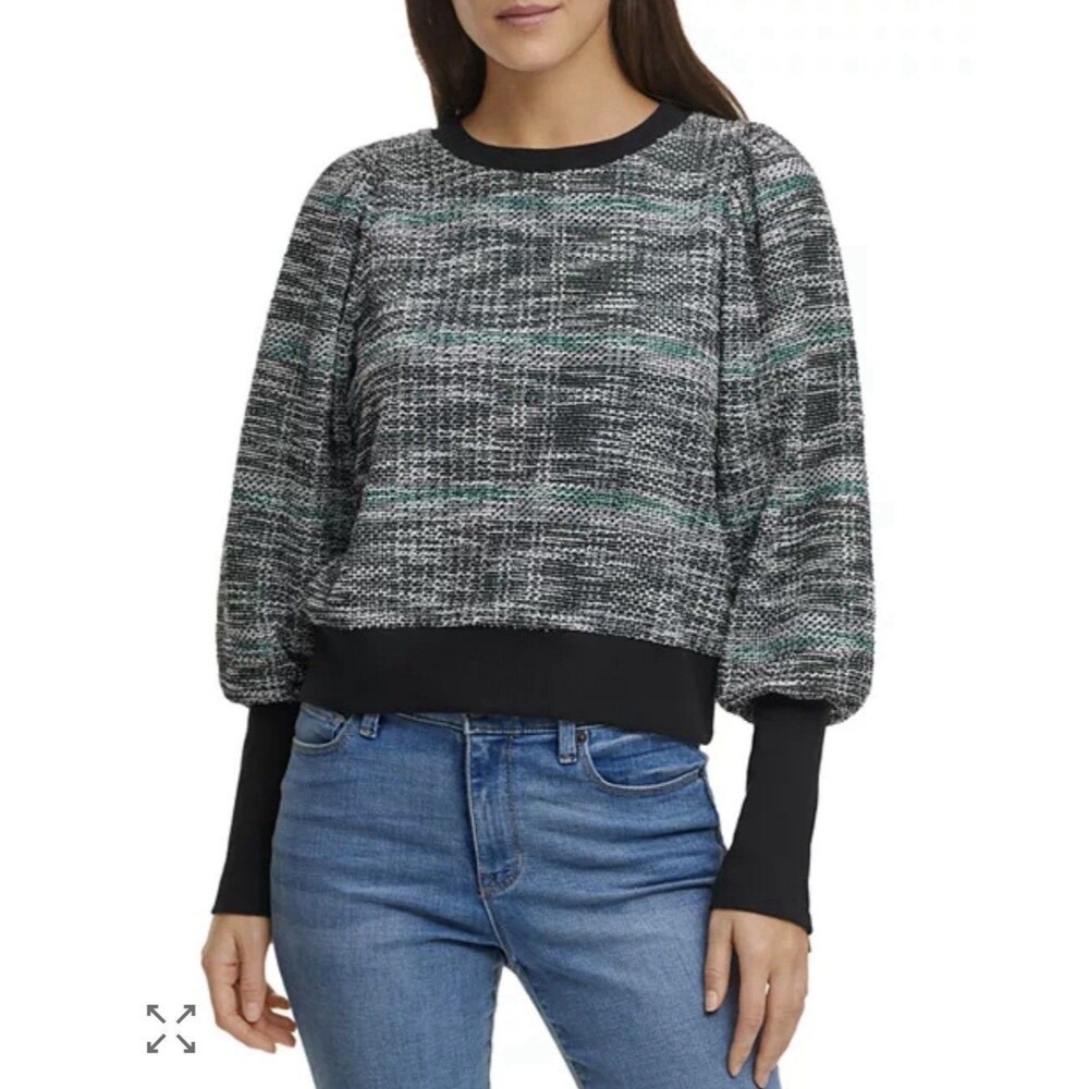 DKNY Women's Long Puff Sleeve Sweater Zipper Cuffs Black & Green Size M Casual
